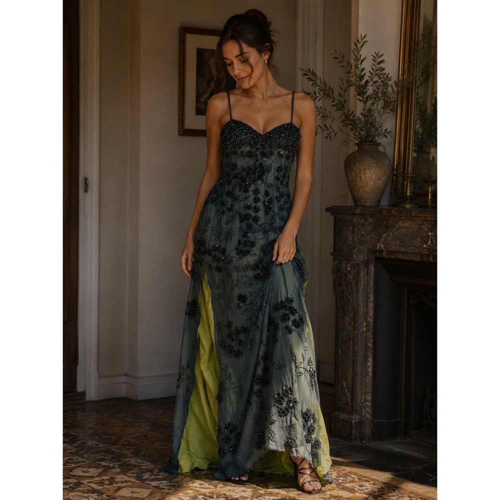 Cache Dress Womens Small Teal Green Maxi Beaded Silk Vintage Y2K Goth Whimsigoth
